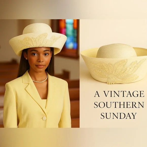 Vintage Ivory Beaded Floral Church Hat | Elegant Derby Sunday Brim,EUC,Size M - Picture 8 of 10